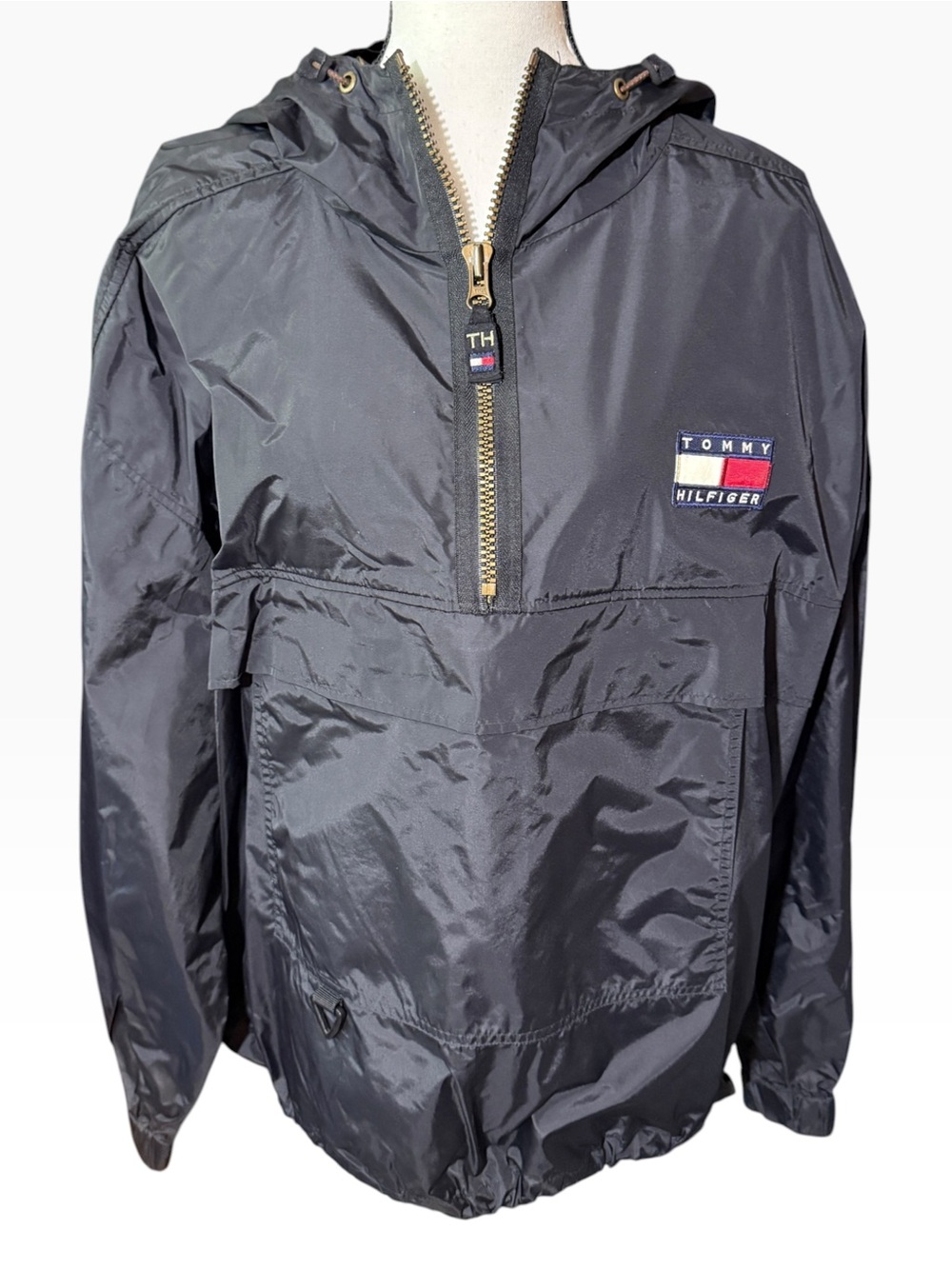 Vintage Tommy Hilfiger Black Half-Zip Pullover Anorak Windbreaker Jacket, XL
